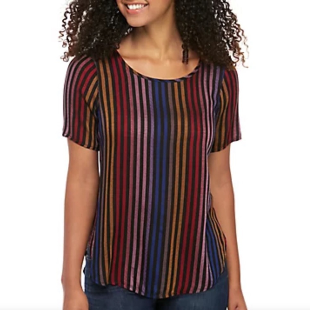 Spense Short Sleeve Multicolor Stripe Top Retro Rainbow Asymmetrical Design